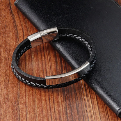 Geometric Accessories Multi-layer Stainless Steel Men's Leather Bracelet Hand-woven Black Leather Combination Christmas Gift