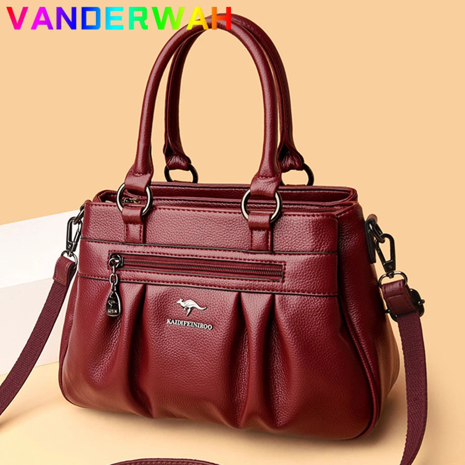 High Quality Leather Handbags Purse Luxury 3 Layers Women Shoulder Croosbody Tote Large Capacity Top-handle Female Ruched Sac