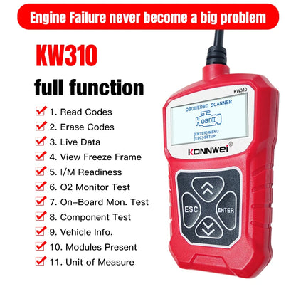 KONNWEI KW310 OBDII Diagnostic Scanner Vehicle Engine Diagnosis Code Reader