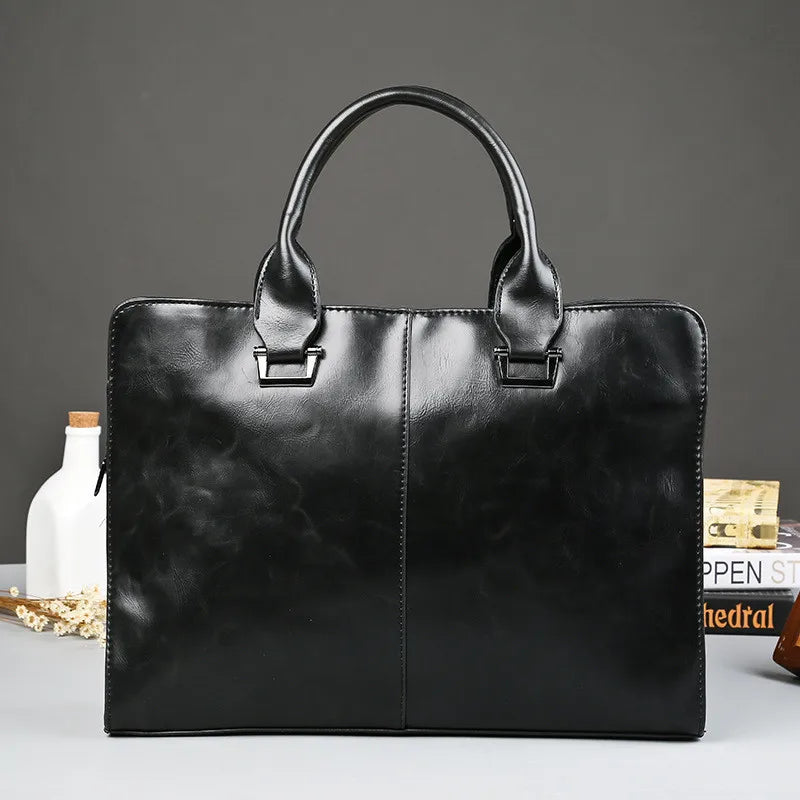 Men's Business office Briefcase Computer Laptop Handbag male Top PU Leather Tote man Large Solid Shoulder bags Black Vintage bag