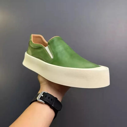 Vintage Mens New Slip On Loafers Thick Platform Casual Skateboard Shoes Cowhide Genuine Leather Shoes Outside Joggers Sneakers