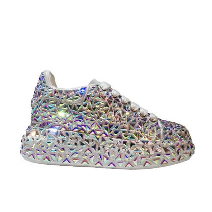 Leather Women Shoes Autumn Spring  New Style Fashion Platform Shoes Ins Platforms Sneakers Tide Shine Bling Rhinestone Shoes