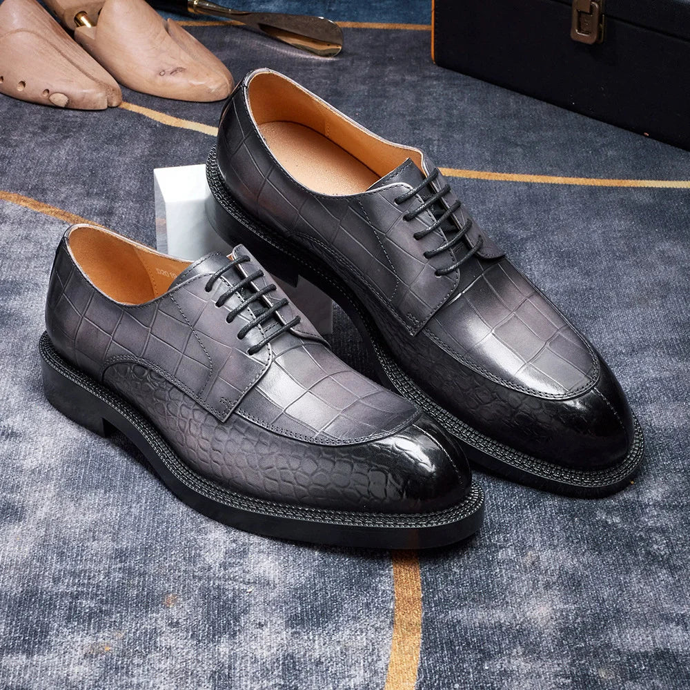 Men's Leather Shoes British Style Black Genuine Cowhide Crocodile Pattern Formal Derby Shoes Thick Sole Height Increase Shoes