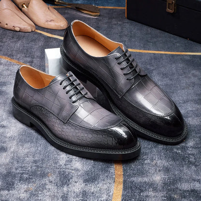 Men's Leather Shoes British Style Black Genuine Cowhide Crocodile Pattern Formal Derby Shoes Thick Sole Height Increase Shoes