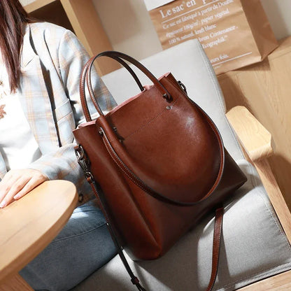 Genuine Leather Tote Bag for Women Large Capacity Oil Wax Leather Top Handle Shoulder Bag Vintage Luxury Designer Handbag
