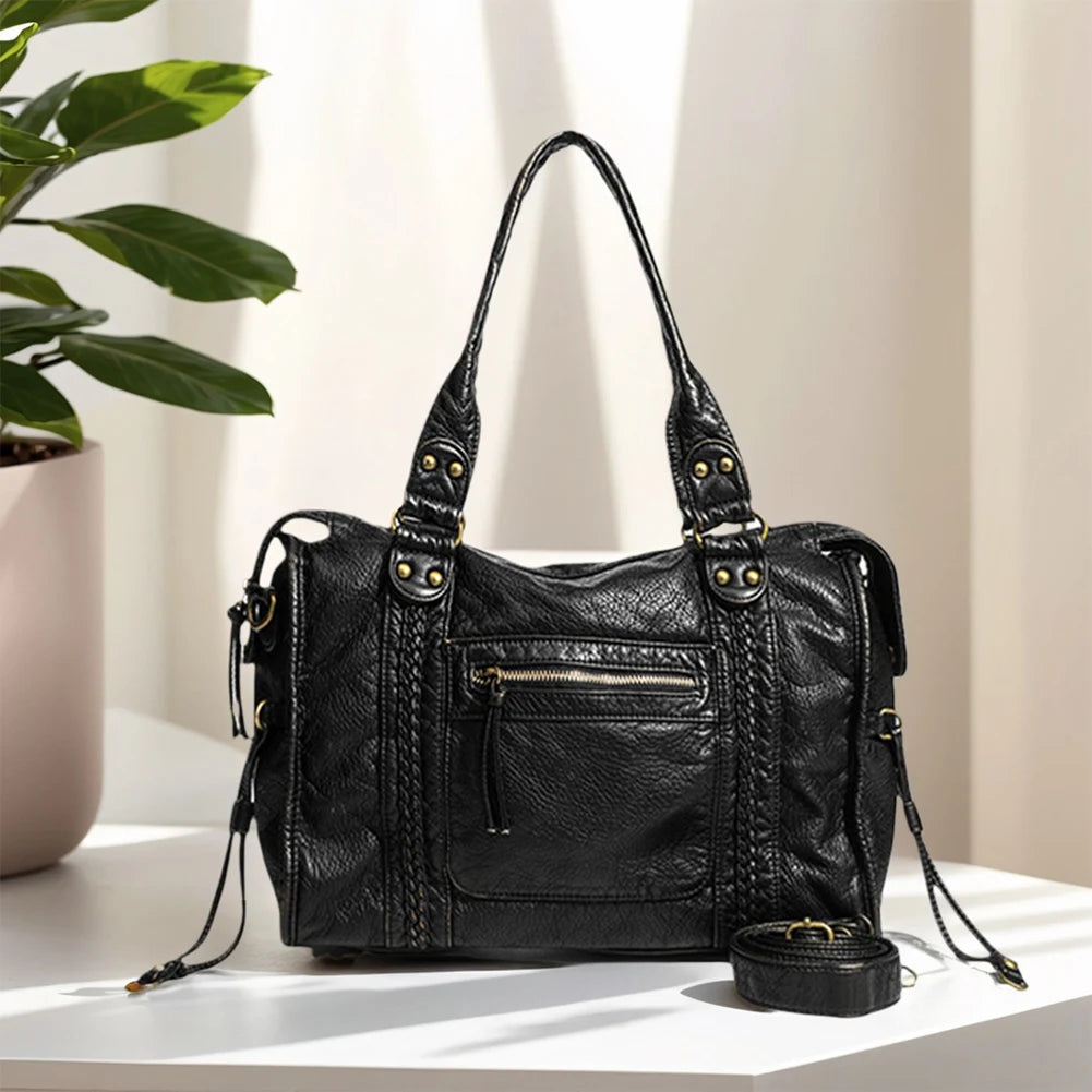 Leather Retro Shoulder Bag for Women with Pockets Shoulder Handbag Top Handle Bag Shopper Bag for Work Travel