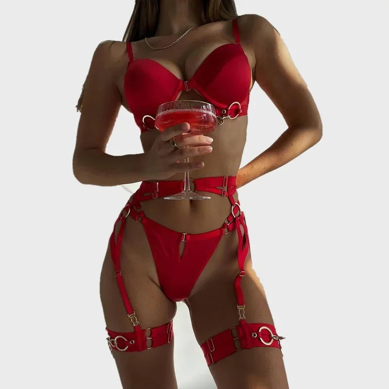 Sexy Fashion Metal Chain Motorcycle Accessories Solid Color Four-Piece Set Front Buckle Sexy Lingerie Set in Stock