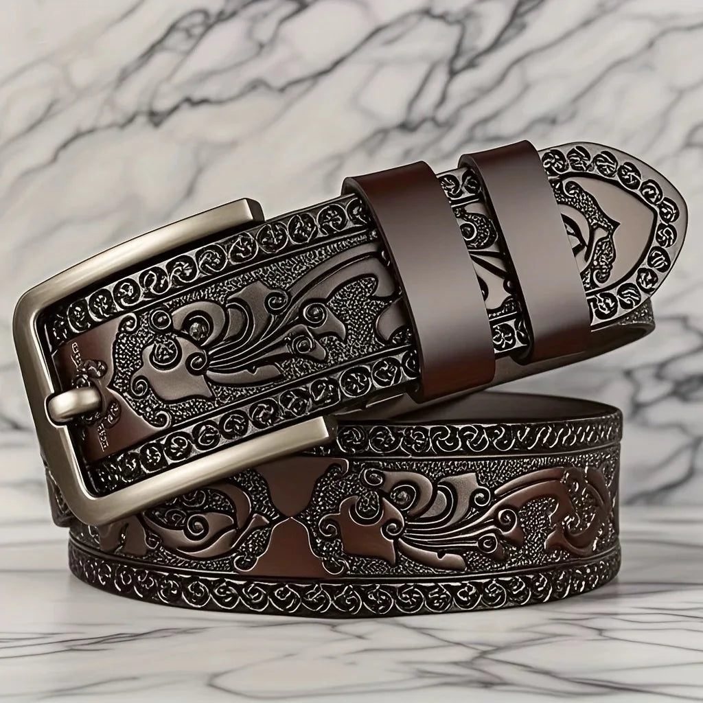 Men's Retro Embossed Leather Belt, European & American Cross-border Style, High Quality Casual Durable Waistband for Daily Use