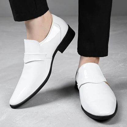White Leather Shoes for Men 2025 New Patent Leather Business Men Casual Shoes Slip on Party Dress Footwear Pointed Toe Loafers