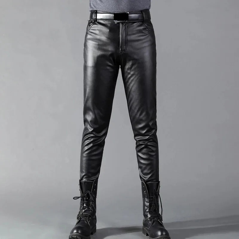 Men Leather Pants Skinny Fit Elastic Fashion PU Leather Trousers Wet Look Stretch Faux Leather Motorcycle Pants Thin Streetwear