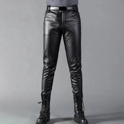 Men Leather Pants Skinny Fit Elastic Fashion PU Leather Trousers Wet Look Stretch Faux Leather Motorcycle Pants Thin Streetwear