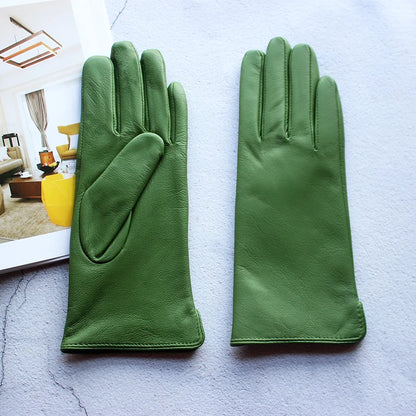 Leather Sheepskin Gloves Women's Autumn Warm Fleece Lining Color Fashion Thin Outdoor Activities Electric Bike Riding Driving