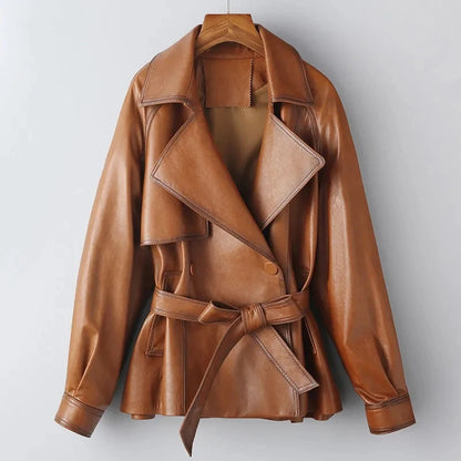 100% Real Sheepskin Women Vintage Brown Leather Jackets Fashion Lapel Collar Belt Ladies Casual First Layer Leather Jackets Tops