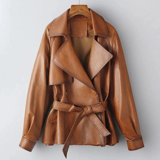 100% Real Sheepskin Women Vintage Brown Leather Jackets Fashion Lapel Collar Belt Ladies Casual First Layer Leather Jackets Tops