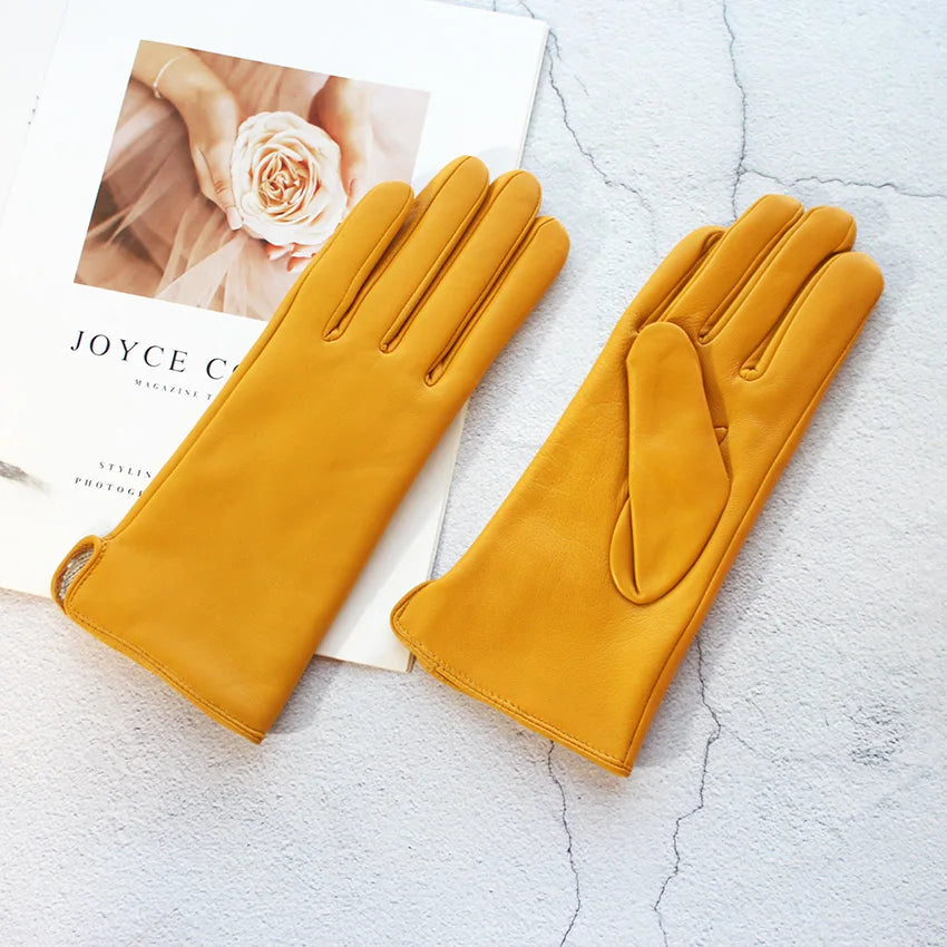 Leather Sheepskin Gloves Women's Autumn Warm Fleece Lining Color Fashion Thin Outdoor Activities Electric Bike Riding Driving