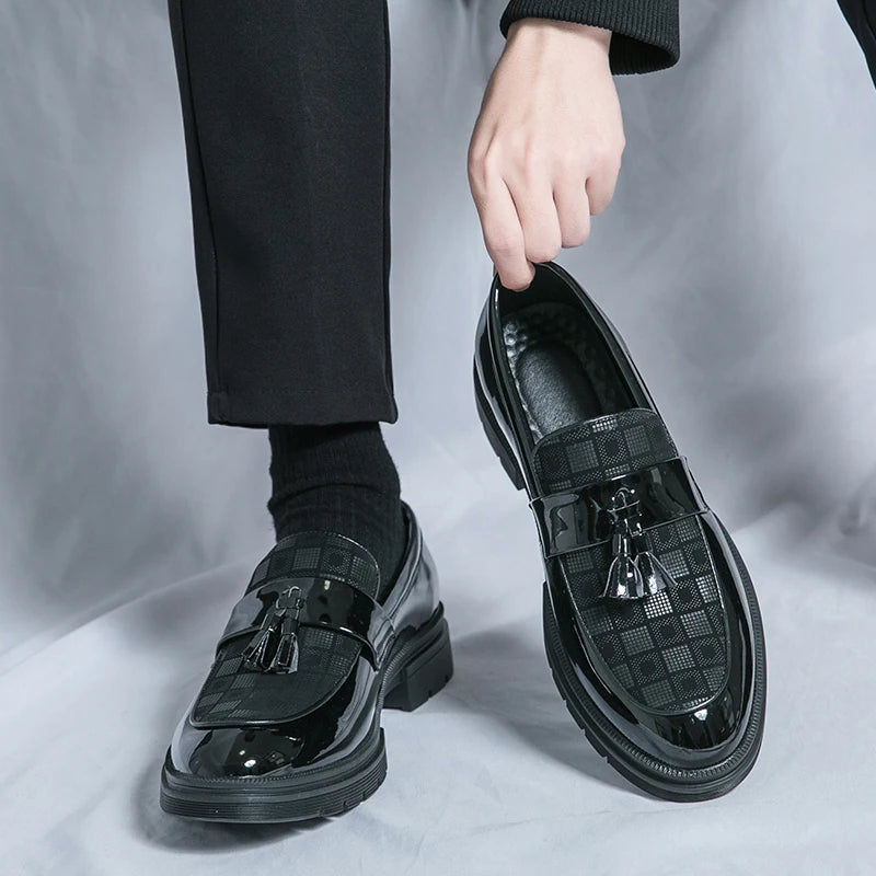 Trend Leather Shoes Men's Patent Leather Tasseled Loafers  Business Dress Wedding Casual Shoes Non-slip Thick Soled Shoes 38-46