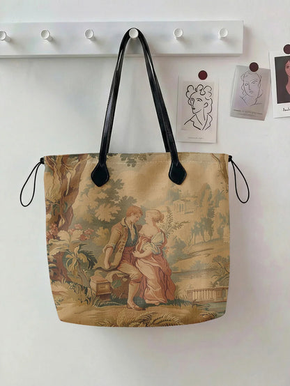 Printed handbag for women, large capacity leather handle shopping bag, casual shoulder bag