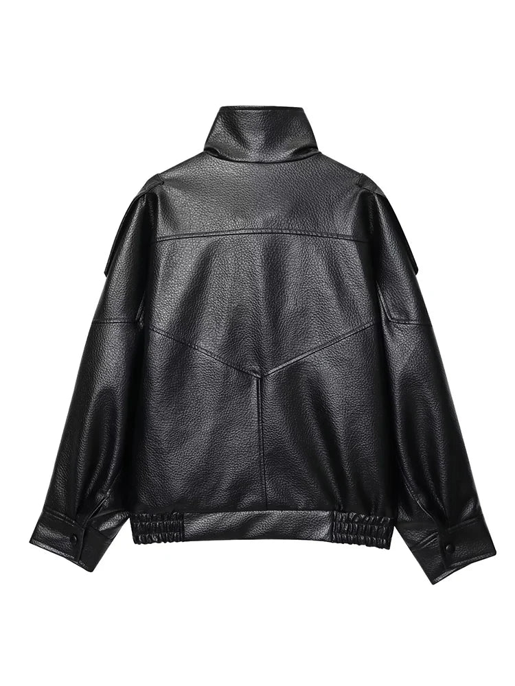 Women Fashion Leather Jacket Autumn Winter Loose Causal PU Faux Leather Jackets Coat Fashion Street Motorcycle Jackets