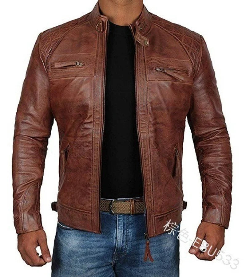 2022 Men Leather Jacket Teenagers Stand Collar Punk Men Motorcycle Leather Jacket Brown Leather Jacket Chaqueta De Los Hombres