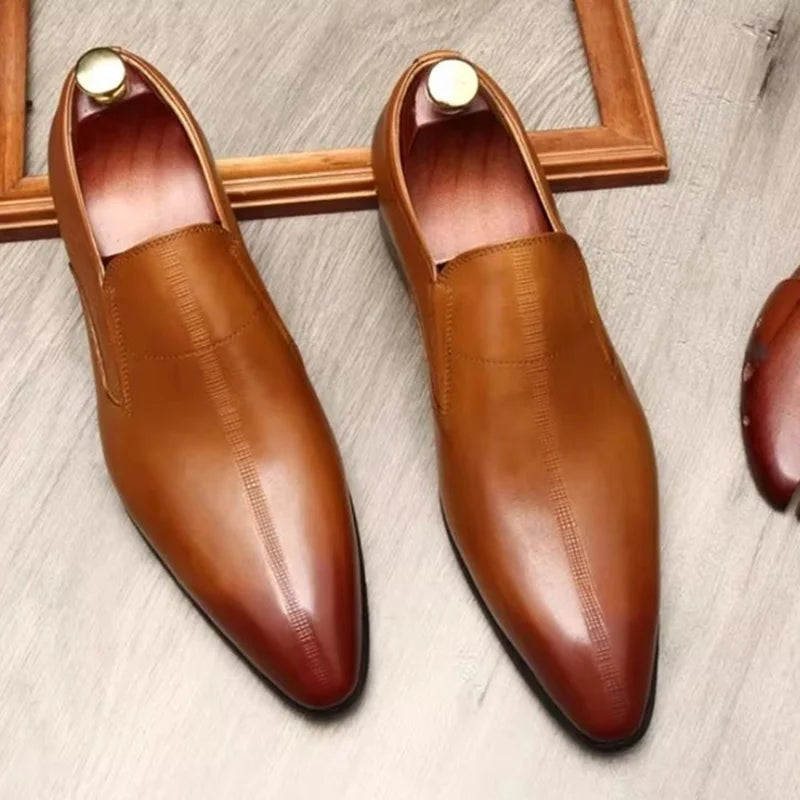 Men's Genuine Leather Pointed Toe Loafers Slip-on Leather Dress Shoes Business Office Wedding for Men Flats Shoes