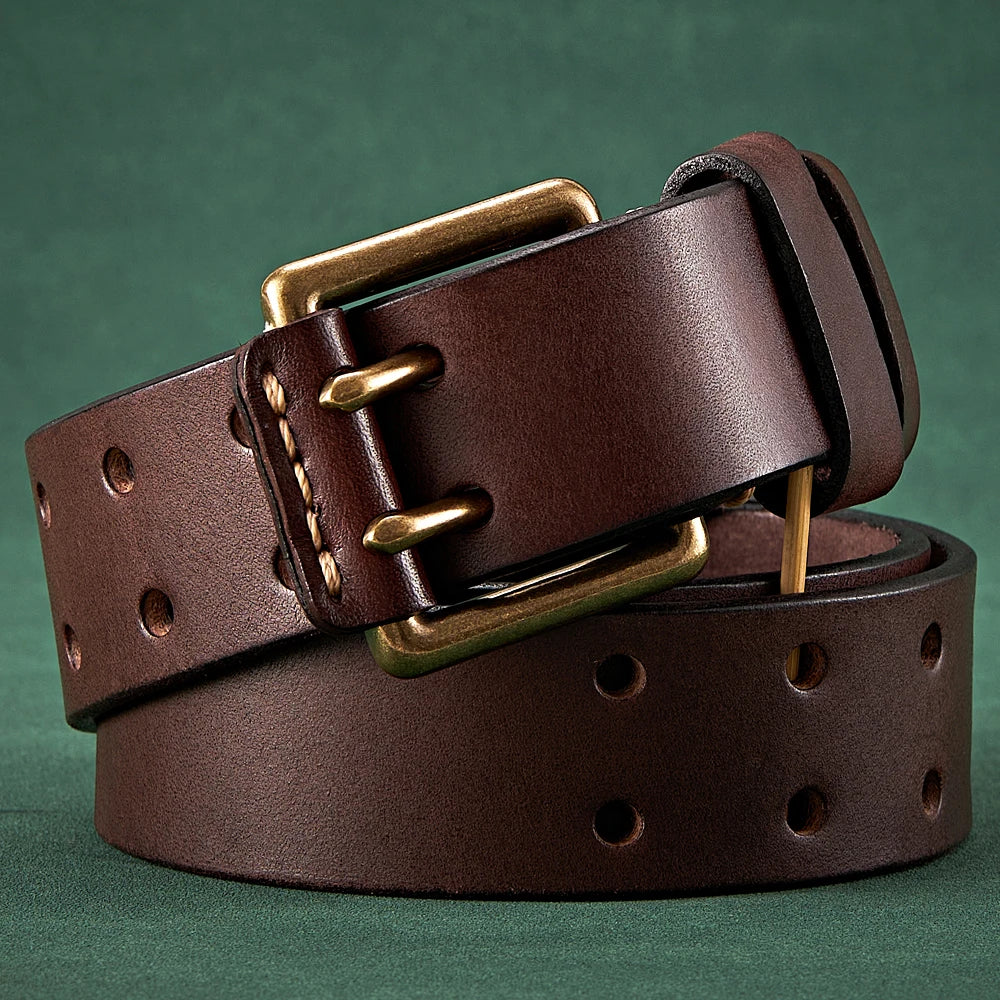 3.8cm Wide Vintage Men's Belt Cowhide Genuine Leather Belt Copper Double Needle Buckle Handmade Jeans Belt Fashion Male Strap