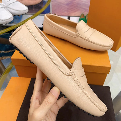 Ladies Spring Summer Genuine Leather Slip-On Shoes Soft Bottom Lightweight Comfortable Walking Flats Casual Office Footwear
