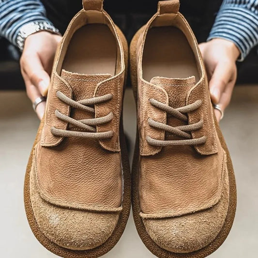 2025 Autumn New Leather Casual Shoes Wide Head Retro Low-top Lace-up Men's Shoes Trendy Versatile Soft Sole Breathable Shoes