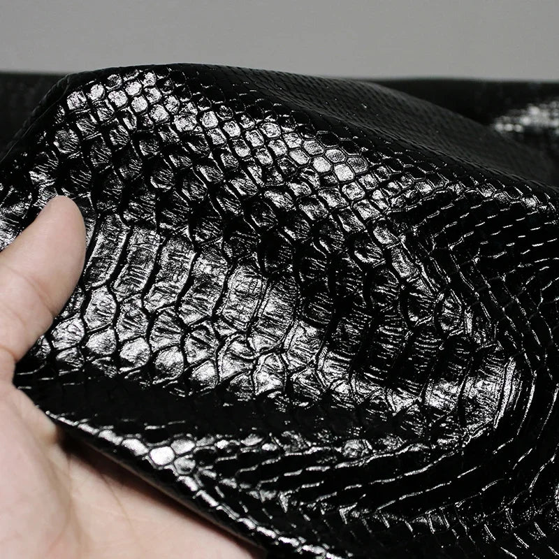 Snake Skin Pattern Matte Three-dimensional Heavy Texture PU Black Leather Textile Fabric Coat Clothing Designer Fabric