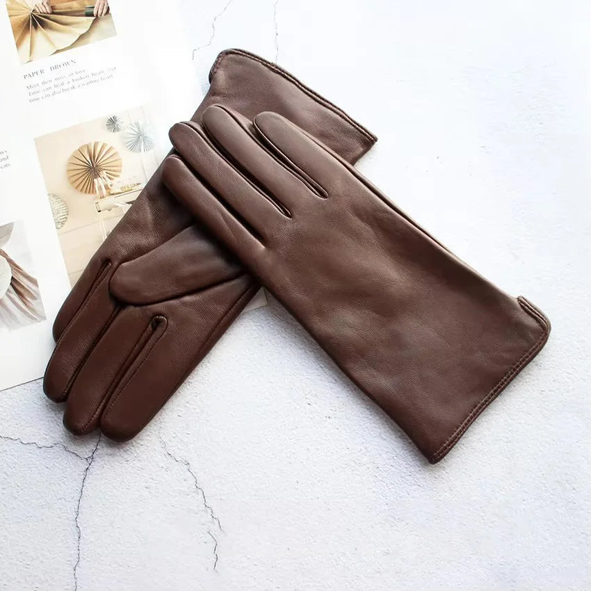 Leather Sheepskin Gloves Women's Autumn Warm Fleece Lining Color Fashion Thin Outdoor Activities Electric Bike Riding Driving