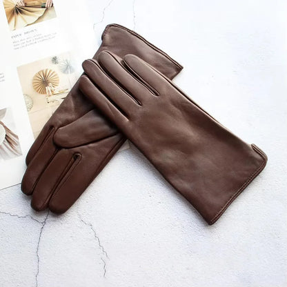 Leather Sheepskin Gloves Women's Autumn Warm Fleece Lining Color Fashion Thin Outdoor Activities Electric Bike Riding Driving