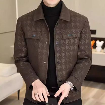 New Fashion Men Houndstooth Leather Jackets Male Spring Autumn Slim Casual Leather Coats Good Quality Man Leather Jackets 5XL