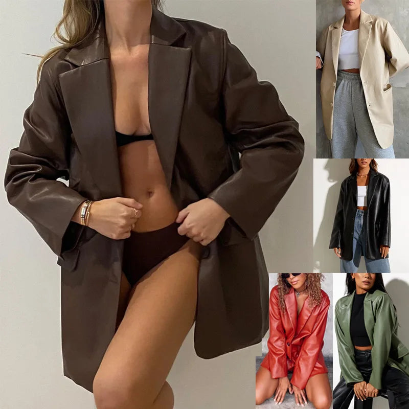 Women's Leather Jacket Autumn and Winter New Leather Coat Casual Warm Blazer Jacket for Women