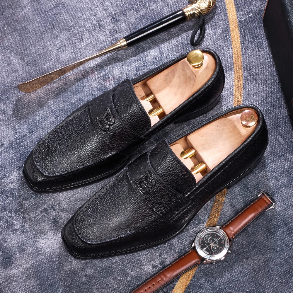 Men's High-End Genuine Leather Loafers Comfortable Flat Casual Glossy black Handmade Office Banquet Shoes