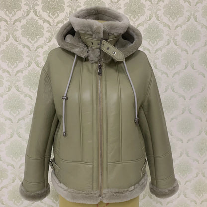 Real Sheep Shearing Skin Fur Coat Winter Warm Leather Thick Coat Women Fashion Sheepskin Motorcycle Jacket