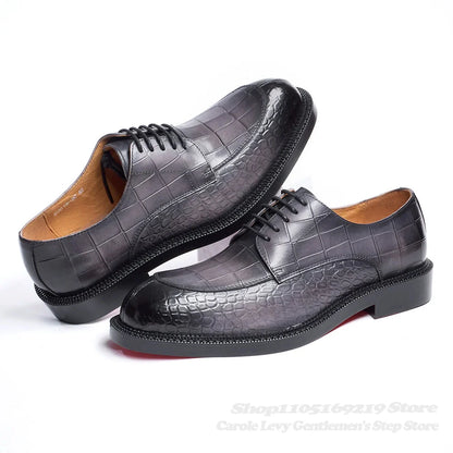 Men's Leather Shoes British Style Black Genuine Cowhide Crocodile Pattern Formal Derby Shoes Thick Sole Height Increase Shoes