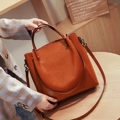 Genuine Leather Tote Bag for Women Large Capacity Oil Wax Leather Top Handle Shoulder Bag Vintage Luxury Designer Handbag