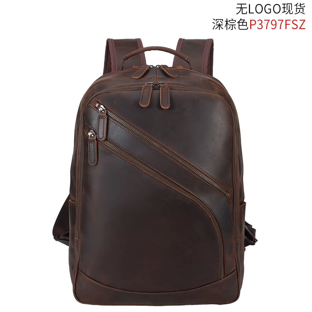 Men’s Genuine Leather Laptop Backpack 15.6 Inch, Premium Cowhide Business Bag, Travel Camping Rucksack