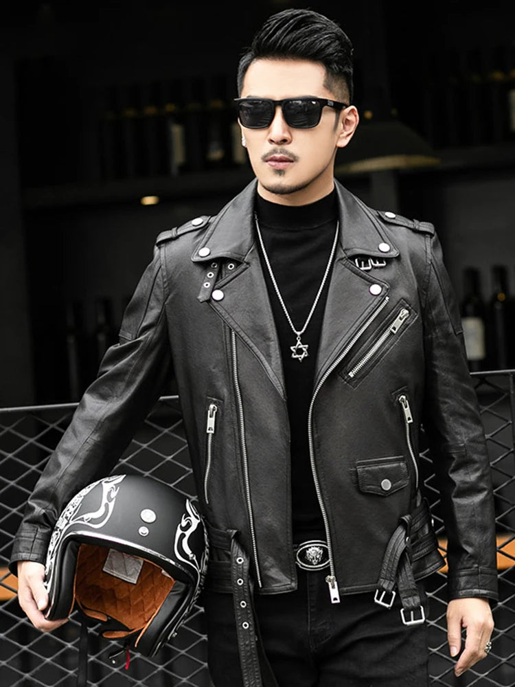 Moto leather jackets Black Leather Biker Jacket Men Zipper Long Sleeve Belt Plus Size European Fashion brand leather jackets