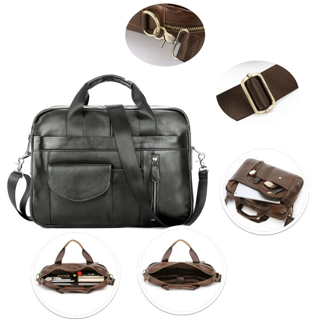 Genuine Leather Business Briefcase for Men, Laptop Top Handle Shoulder Bag, Professional Office Commuter Handbag