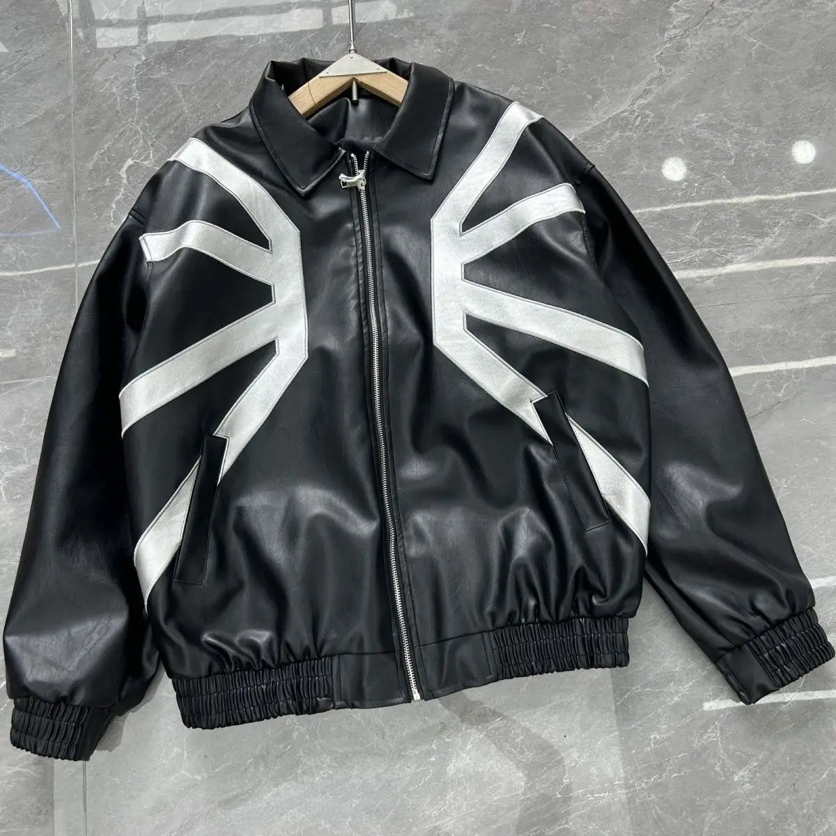 Cool Stylish High Street Heavy-duty Jackets for Men Silhouette Embroidered Contrast Color Patchwork Leather Racing Jacket