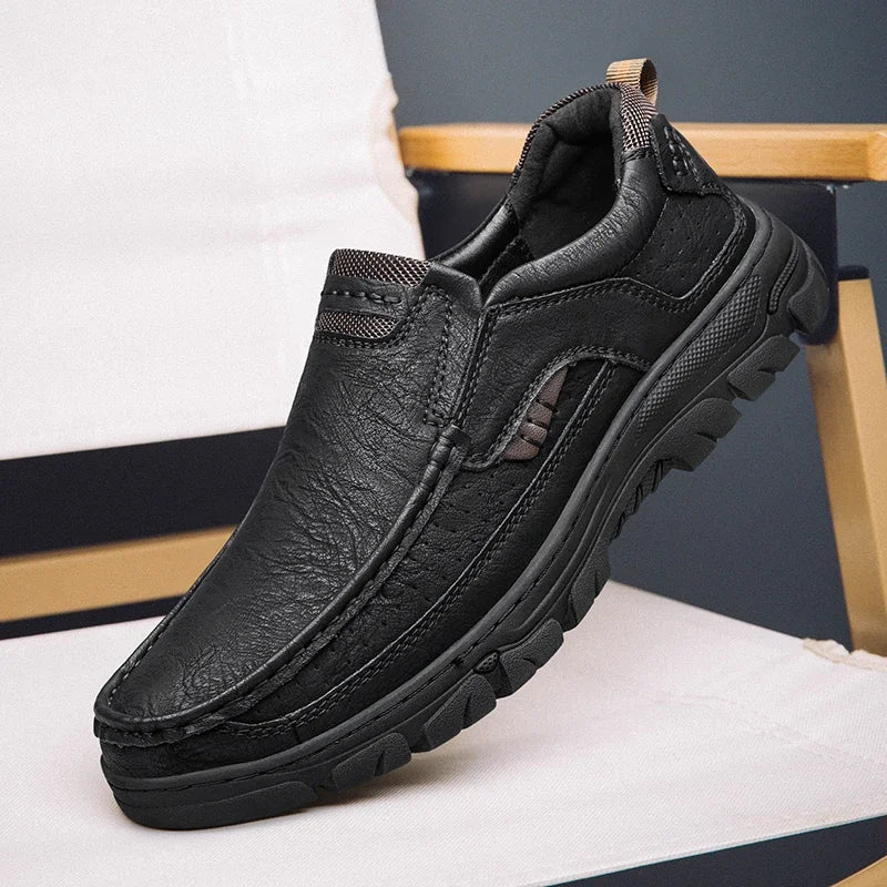Men's Slip-On Casual Leather Shoes 2026 Wear-Resistant Anti-Skid Round Toe Loafers Thick Bottom Dress Footwear chaussure hommes