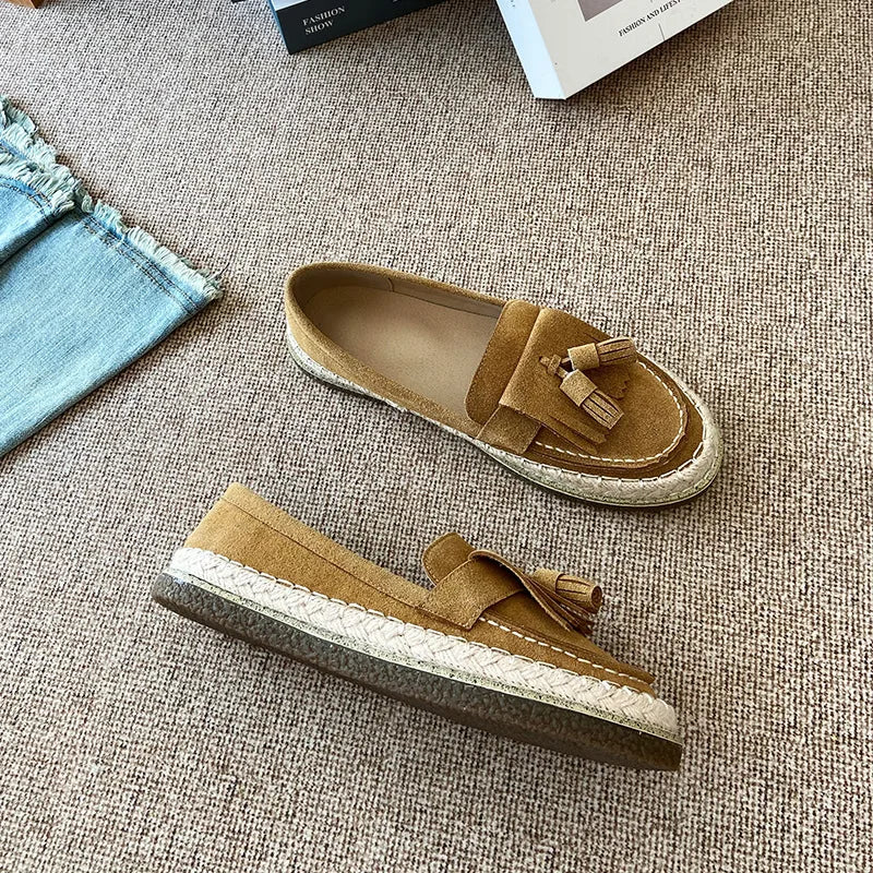 Fashionable Loafers women new high-quality suede leather retro woven comfortable flat shoes women's daily casual single shoes 40