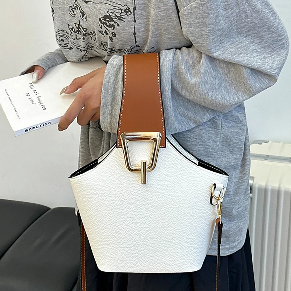 Luxury Bucket Handbags for Women Casual Contrast Color Small Basket Bag Single Shoulder Bags Lychee Pattern Leather Shoulder Bag