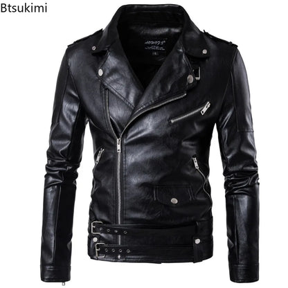 Handsome Motorcycle Leather Jackets for Men British Style Fashion Faux Leather Zipper Coat Casual Streetwear Men Punk PU Jackets