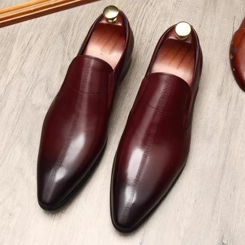 Men's Genuine Leather Pointed Toe Loafers Slip-on Leather Dress Shoes Business Office Wedding for Men Flats Shoes