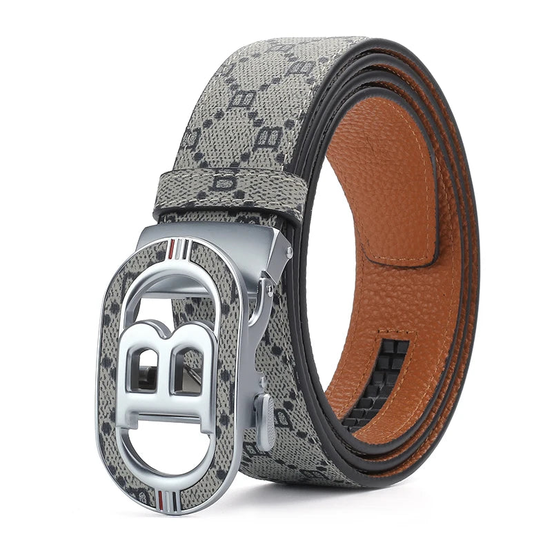 Fashion B Letter Auto Buckle Belt Men's Monogram Print PU Leather Adjustable Waist Strap for Daily Work