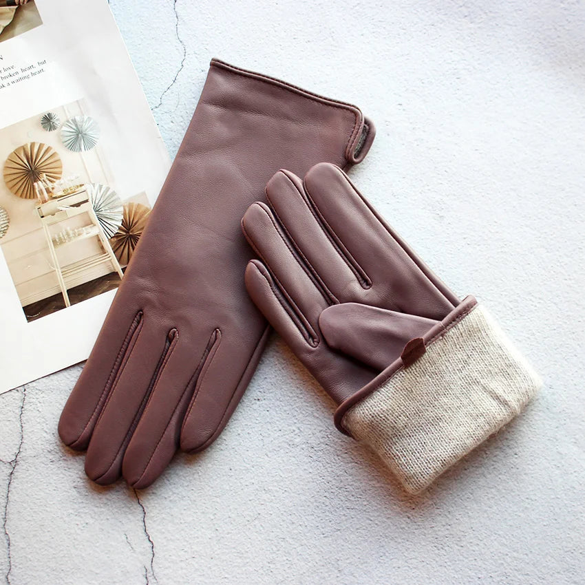 Leather Sheepskin Gloves Women's Autumn Warm Fleece Lining Color Fashion Thin Outdoor Activities Electric Bike Riding Driving