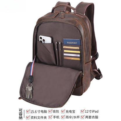 Men’s Genuine Leather Laptop Backpack 15.6 Inch, Premium Cowhide Business Bag, Travel Camping Rucksack