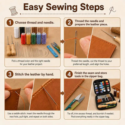 1 set, leather sewing tool kit, with waxed thread, needles, and awl, professional DIY leather craft accessories and tools
