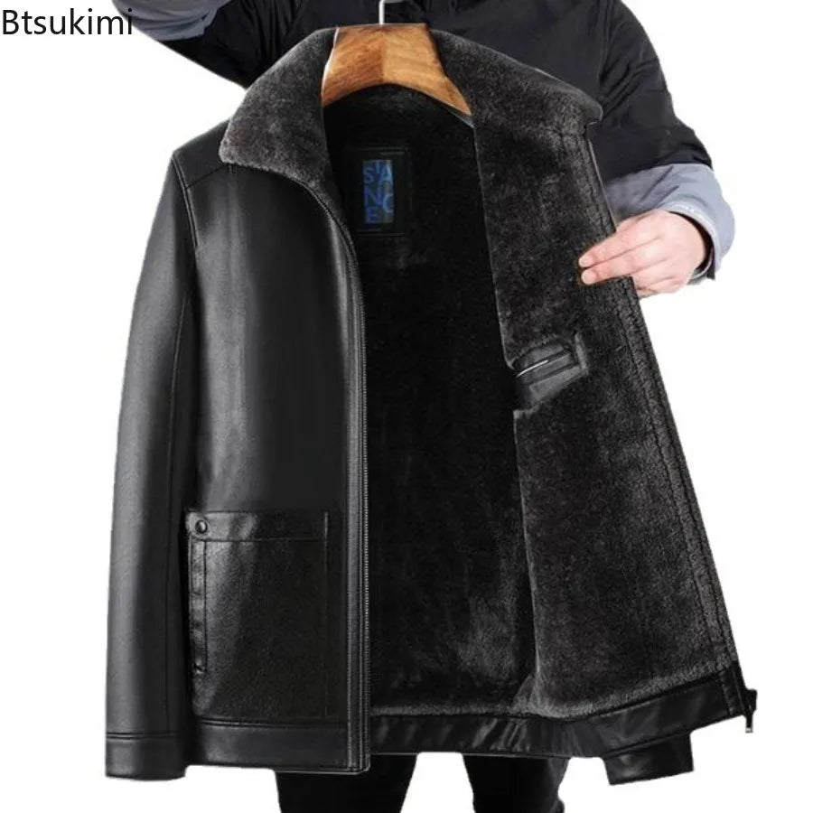 New Men's Leather Jackets Autumn Winter Fleece Warm Motorcycle Coat Fashion Business Casual PU Leather Jacket Men Slim Outerwear